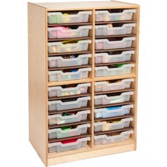 a wooden storage cabinet filled with lots of plastic containers and bins on top of it