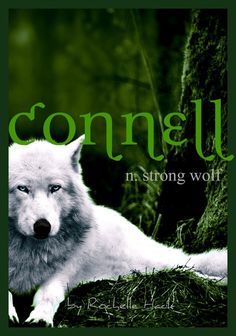 a white wolf laying on the ground next to a tree with green lettering that reads, conquer in strong wolf