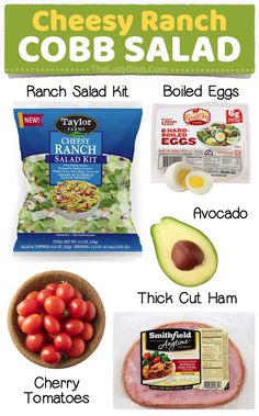 the ingredients to make this ranch cobb salad are labeled in red, white and blue