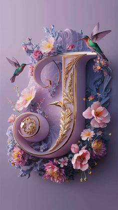 the letter j is surrounded by flowers and hummings on a purple background with gold accents