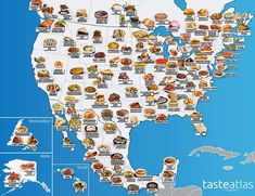 a map of the united states filled with different types of fast food items in each state