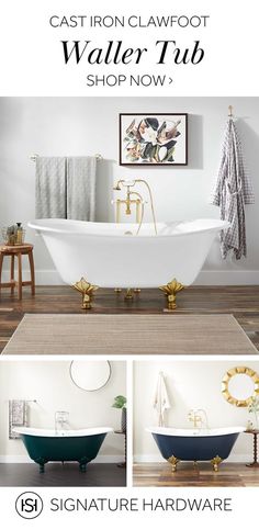 the cast iron claw foot bathtub is shown in three different photos and has gold accents