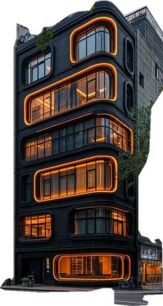 a tall black building with lots of windows on it's side and lights in the windows