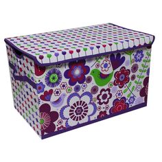 a colorful storage box with flowers and birds on it