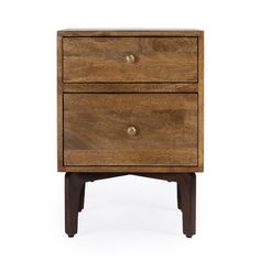 a wooden nightstand with two drawers on one side and an open drawer on the other