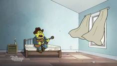 a cartoon character sitting on a bed playing the guitar