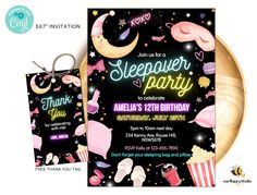 a black and pink sleepover party with stars, moon and popcorn on the table