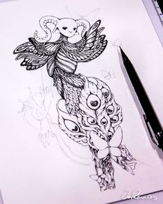 a drawing of a girl on top of a peacock with an angel above her head