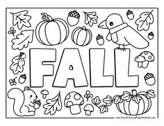 the word fall is surrounded by autumn leaves, acorns and other things to color