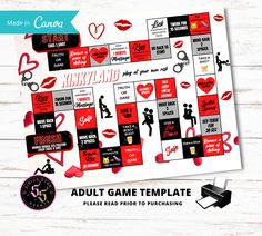 an adult game board with red and black stickers on the front, surrounded by hearts