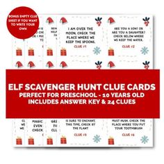 the elf scavenger hunt clue cards are in red, white and blue with snowflakes on them