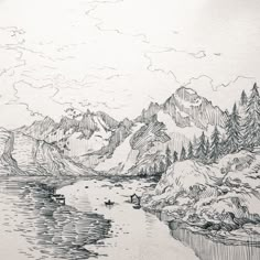 a pencil drawing of mountains and water with boats on the lake in front of them