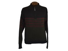 Vintage 80s quarter zip ski sweater. Pulls on over the head with a zipper at the neck.  Black with contrasting red and brown stripes. The sweater is unlined.  DESIGNER LABEL:  Kaelin 70% Acrylic 30% Wool Made in Hong Kong SIZING:  Tagged a size Medium.  Made to be worn slightly loose.  Based on the measurements below this would best fit a loose Medium to Large depending on how you like your fit.  MEASUREMENTS: Shoulders: 22 1/2" - across Outer Sleeves: 25 1/8" - (includes 3 1/2" sleeve cuff) - s Ski Vintage, Mens Pullover, Pullover Sweater Men, Ski Sweater, Pullover Outfit, Designer Label, Striped Turtleneck, Sleeve Cuff, Pullover Men