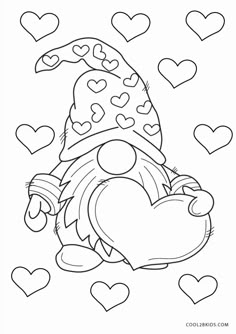 a cartoon gnome with hearts in the background