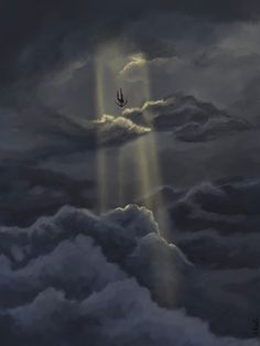 a bird flying high up in the cloudy sky with rays coming out from behind it