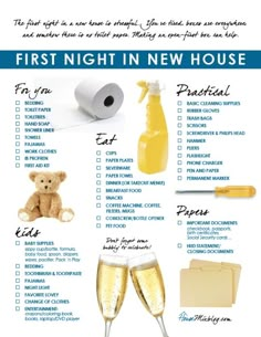 the first night in new house checklist is filled with champagne, toiletries and other items