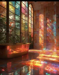 a bath tub sitting in the middle of a tiled floor next to tall glass windows