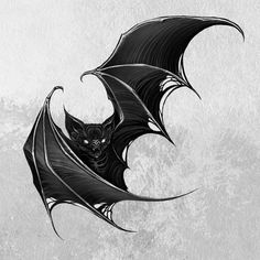 a black and white drawing of a bat flying through the air with it's wings spread