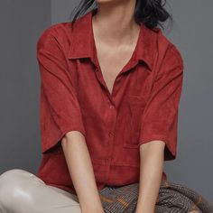 Nwt Anthropologie Oversized Clarke Sueded Buttondown. Color Is Crimson (Deep Burnt Orange/Red) Anthropologie Top, Orange Red, Burnt Orange, Color Orange, Red Leather Jacket, Work Outfit, Brooklyn, Sweater Dress, Anthropologie