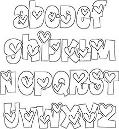 the alphabet with hearts on it is outlined in black ink and has been drawn by hand