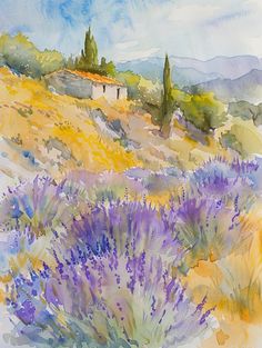 a watercolor painting of lavenders in the hills