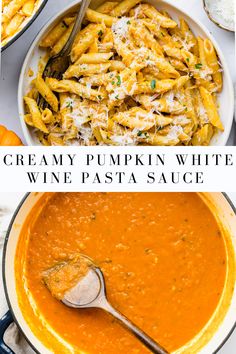 creamy pumpkin white wine pasta with parmesan cheese on top and in a bowl