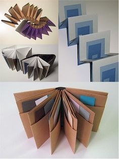 an open book with folded pages in different shapes and sizes, sitting on top of each other