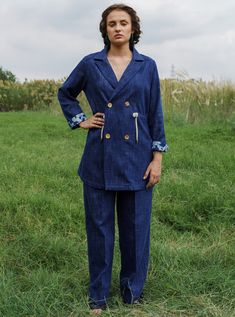 Pozruh-Indigo Savanna Denim Pant Suit-INDIASPOPUP.COM Cotton Workwear Sets With Pockets, Cotton Sets With Pockets For Workwear, Casual Long Sleeve Denim Set, Casual Denim Set With Long Sleeves, Indigo Cotton Sets For Spring, Spring Cotton Indigo Sets, Spring Indigo Cotton Sets, Block Printed Fabric, Indigo Fabric