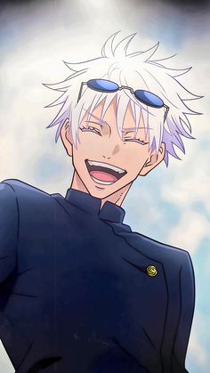 an anime character with white hair and blue eyes smiles at the camera while wearing sunglasses