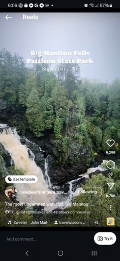 an image of a waterfall in the middle of a forest with text reading, big manitou falls, pattichan state park