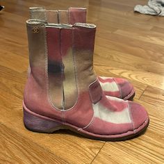 Chanel Pink Cream Purple Yellow Watercolor Chelsea Boot. Very Good Condition Only Shows Wear On Bottom Of Shoes. Has Approx 2” Heel And Small (1/4”-1/2”) Platform. Slip On Design With Cc Logo On Top Outside Of Each Boot. Size 38 Fitting Like A 7 - 7 1/2. Does Not Come With Box Or Dust Bags Pink Casual Boots Medium Width, Casual Pink Boots Medium Width, Casual Pink Medium Width Boots, Casual Pink Slip-on Boots, High-top Pink Boots With Lug Sole, Pink High-top Boots With Lug Sole, Casual Pink Boots With Reinforced Heel, Pink Leather Sole Round Toe Boots, Pink Round Toe Boots With Leather Sole