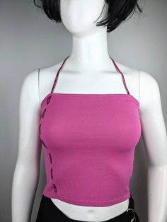 "Y2K Vintage pink ribbed top bustier from Versace Jeans Couture. WOW - top 😍 💥 Color Pink Barbie 💥 Leather Straps Snake pattern Size tag S (see measurements ) Condition 9/10 Made in Italy 100% rayon Underarm to underarm - 32 cm/12.6\" Length from the back - 31 cm/12.2\" All measurements taken with garment lying flat. Vintage sizes vary greatly! We recommend comparing measurements with a similar style garment you own for best fit! If you have any other questions, please contact us. No refund." Pink Fitted Y2k Crop Top, Fitted Pink Y2k Crop Top, Fitted Y2k Pink Crop Top, Fitted Barbiecore Tops, Y2k Halter Neck Top For Spring, Pink Sleeveless Y2k Crop Top, Spring Y2k Halter Neck Top, Y2k Style Halter Neck Tops For Spring, Chic Pink Ribbed Tank Top