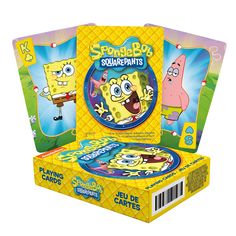 spongebob squarepants playing cards in a cardboard box with stickers on it