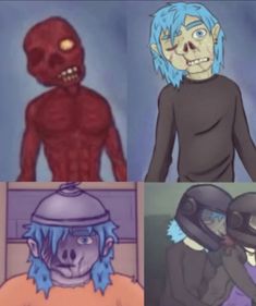 four different cartoon characters with blue hair and one wearing a black helmet, the other an alien