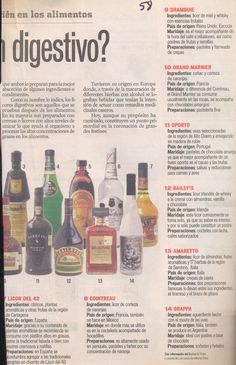 an article in spanish describing different types of liquors and what they are used to make them