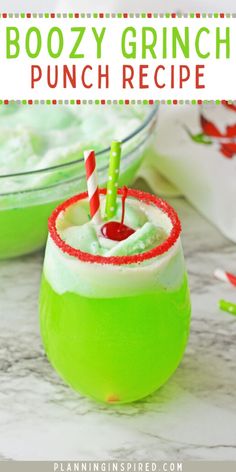 Add a festive twist to your holiday party with Boozy Grinch Punch made with sherbet! Creamy lime sherbet, fruity flavors, and a splash of booze make this Grinch-green drink a deliciously fun treat. Top with cherries for a festive pop! The Grinch Punch Alcohol, Christmas Alcoholic Punch Grinch, Grinch Vodka Drink, Christmas Adult Punch Recipes, Green Alcoholic Punch For A Party, Grinch Christmas Drink Holiday Cocktails, Alcoholic Grinch Punch Recipe, Grinch Party Drinks, Smirnoff Green Apple Vodka Drinks