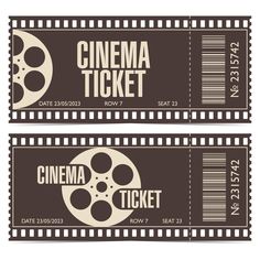 two brown and white movie tickets with film reels on the sides, one is for cinema