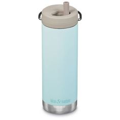 thermos bottle is blue and has a handle on it's side, with an insulated lid