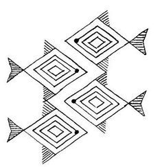 four fish are depicted in black and white