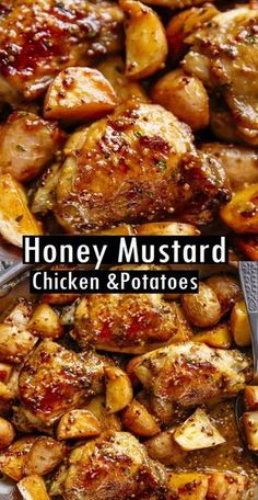 honey mustard chicken and potatoes with text overlay