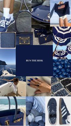 blue and white collage with the words run the risk