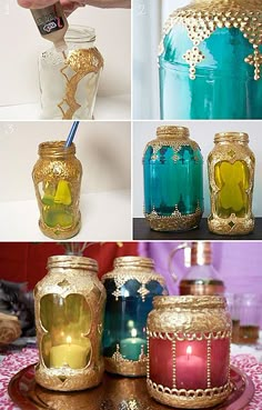 there are many different colored jars with gold designs on them and one has a candle in it