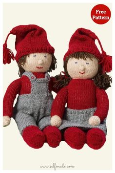 two knitted dolls sitting next to each other on top of a white background with the caption free pattern