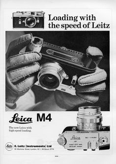 an advertisement for leica m4 camera with gloves and mittens on the front