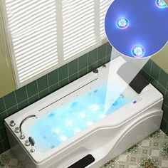 a bath tub with blue lights on the side