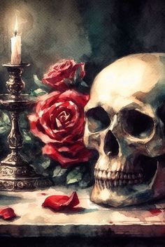 a painting of a skull and roses on a table next to a candlelight holder