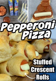 stuffed crescent pizza rolls with pepperoni and cheese on top, surrounded by other snacks