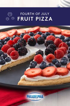 the fourth of july fruit pizza is ready to be eaten with berries and blueberries