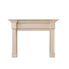 a white fireplace mantel with an arched top and two columns on one side, in front of a white background