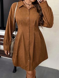 Plus Size Cinched Waist V-Neck Shirt Dress Casual Vintage Dress For Fall/Winter Brown Casual  Long Sleeve Woven Fabric Plain Shirt Non-Stretch  Women Plus Clothing, size features are:Bust: ,Length: ,Sleeve Length: Dress With Boots Country, Ready Outfits, Boots Country, Vestidos Retro, Plain Shirt, Mini Robes, Vestidos Vintage, Shirt Dress Casual, Thanksgiving Outfit